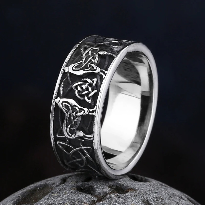 Sygnet Pierścień Nordycki Obrączka Wilki Mitologia 7 / 17,5 / eu 15